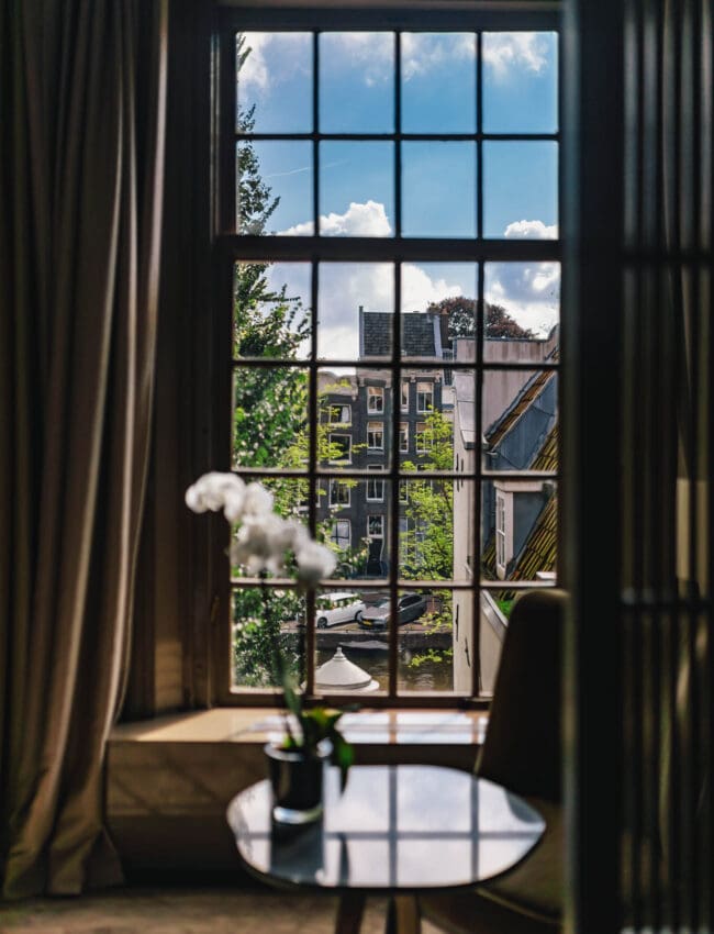 A room with view on the canals of Amsterdam in botique hotel The Dylam Amsterdam, leading hotels of the world.