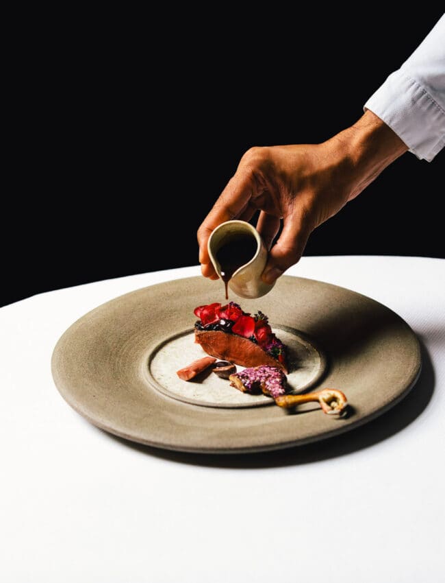 A dish at Michelin starred restaurant Vinkeles in luxury boutique hotel Royal Gate Resort leading hotels of the world on a brown plate with as a main course pigeon.