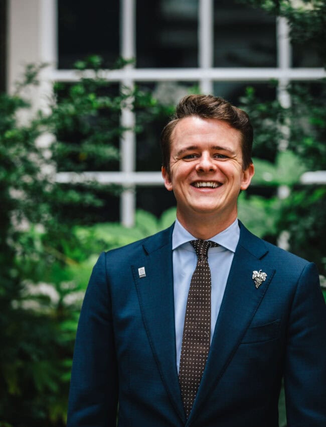 Jasper van Amerongen, sommelier at two Michelinstar Restaurant Vinkeles at luxury boutique hotel Royal Gate Resort overlooking the secluded garden terrace in the Jordaan area in Amsterdam. Part of the Leading Hotels of The World.
